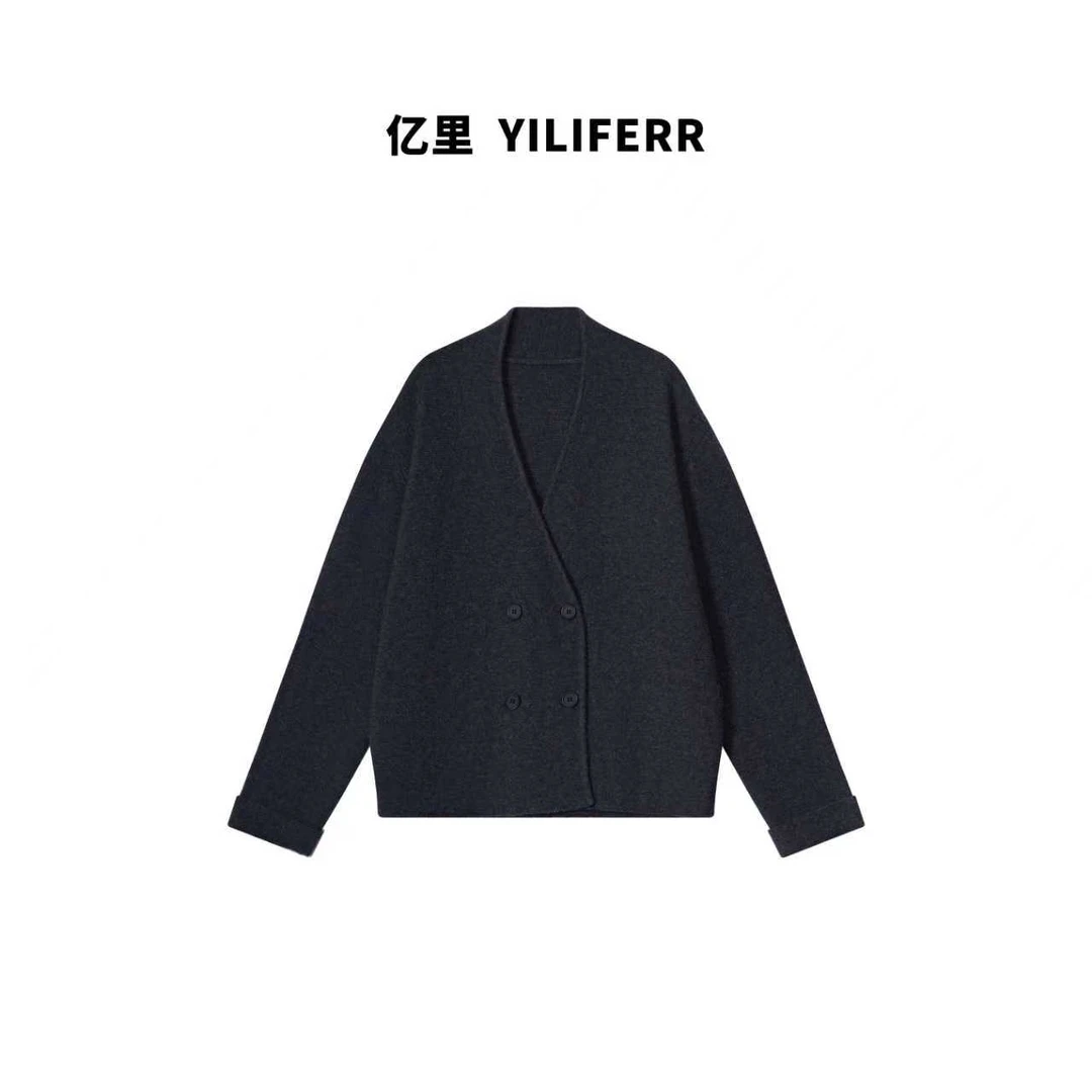 老钱高级灰双排扣羊毛开衫外套Y1542