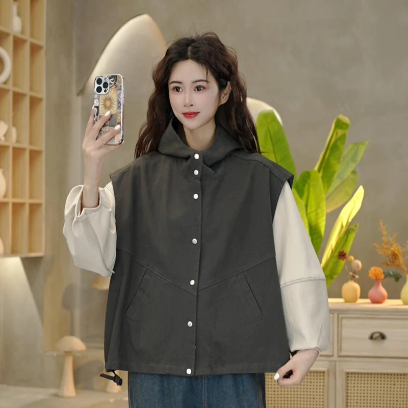 3662 春季新款复古百搭连帽马甲休闲文艺无袖宽松马甲