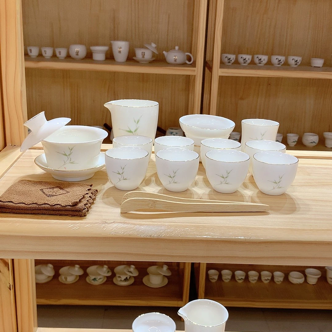 羊脂玉瓷竹报平安15件套功夫茶具