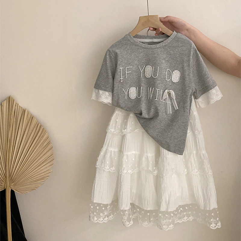 【安安家】女童韩版字母花边蝴蝶结短袖T恤网纱半身裙两件套Z-XFS01