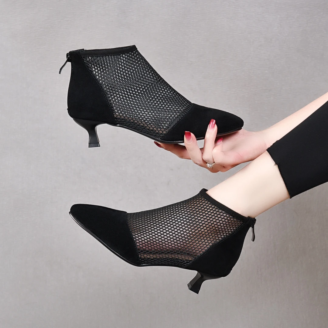 2025欧美风透气春季尖头细跟高跟鞋夏季镂空单鞋春秋黑色性感网靴