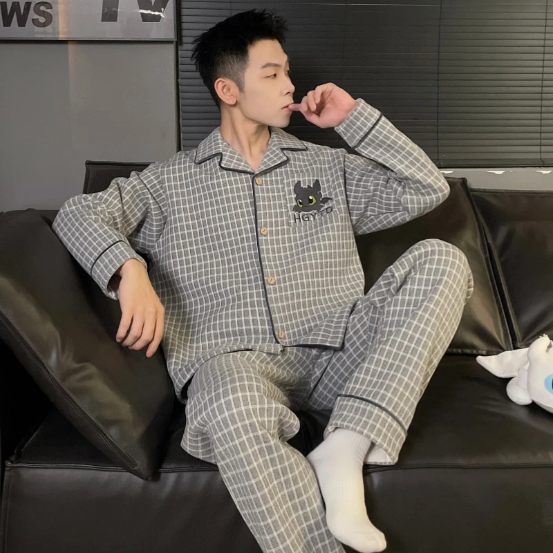 德绒睡衣男士长袖卡通青少年薄绒男款开衫秋冬款可外穿家居服套装