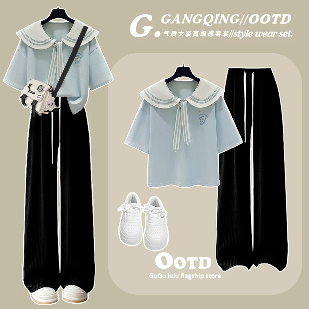 大童女夏季套装2025爆款12-18岁少女洋气时尚休闲森系高腰阔腿裤