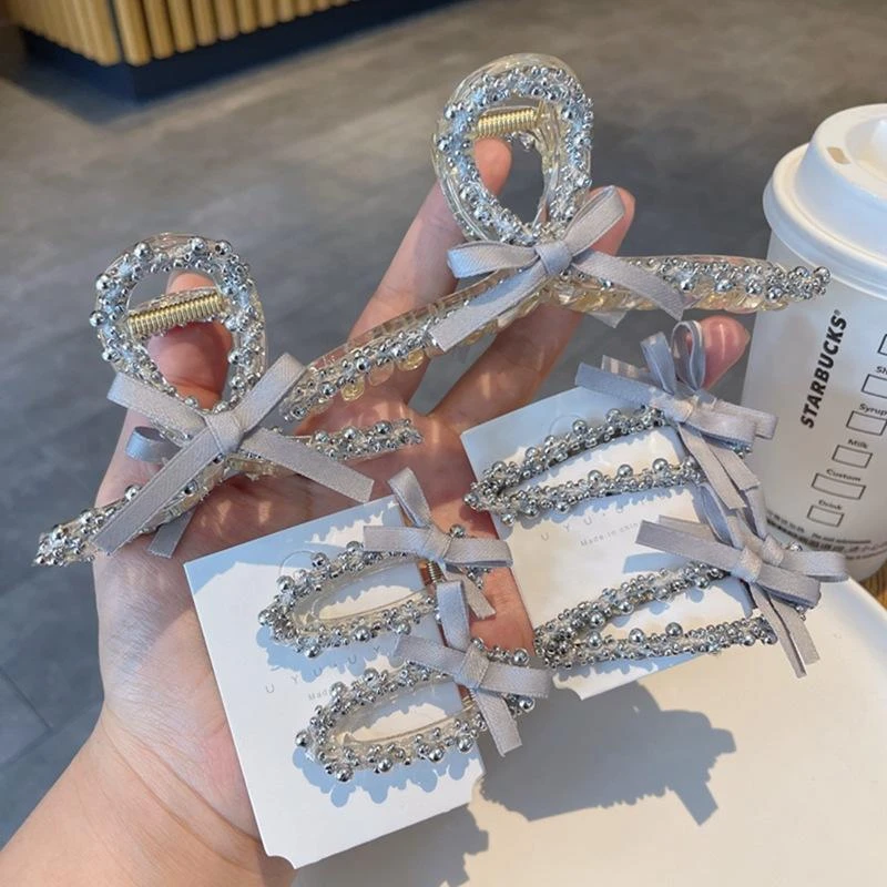 银色珠珠蝴蝶结大抓夹鲨鱼夹高级感气质鸭嘴夹侧边发夹发卡发饰