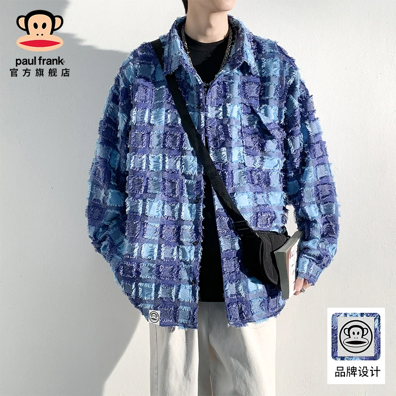 paul frank/大嘴猴磨毛格子长袖衬衫男士春季新款高级感痞帅衬衣