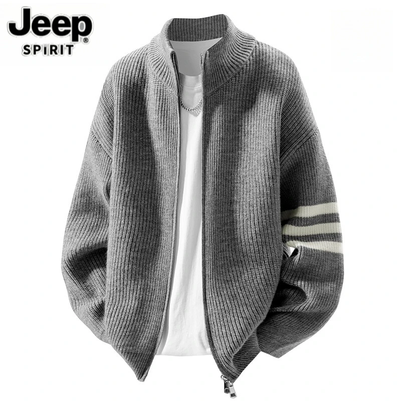 Jeep吉普立领针织衫男百搭休闲舒适慵懒高级感宽松三条杠毛衣外套