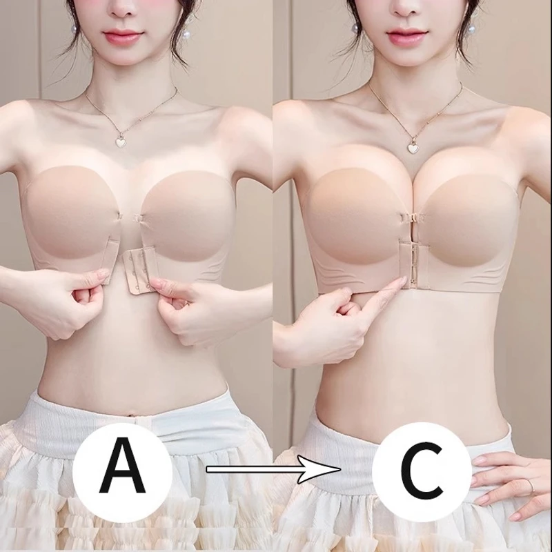 爆款前扣无肩带内衣女隐形文胸防滑聚拢显大抹胸无痕美背小胸专用