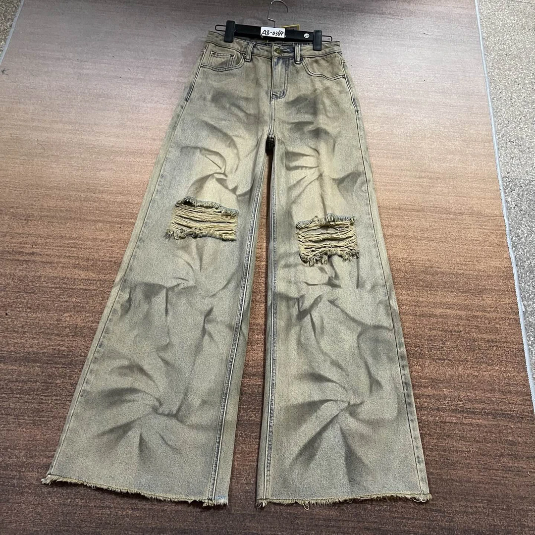 A8-0364 复古加长废土风酷酷辣妹扎染破洞阔腿裤 无弹（不换退）