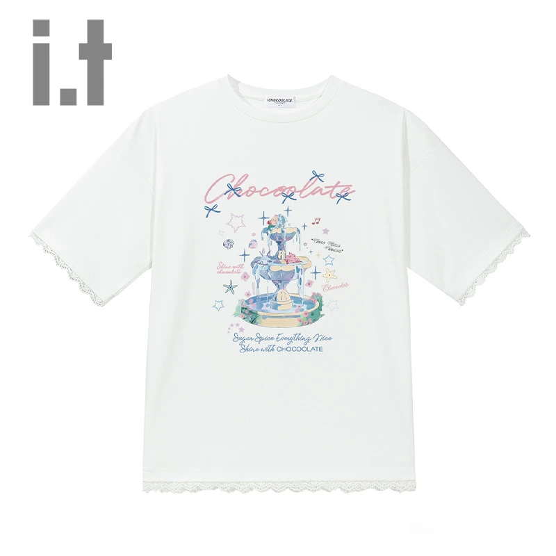 it:CHOCOOLATE蝴蝶结喷泉印花白色正肩夏季短袖T恤女2女款圆领t恤