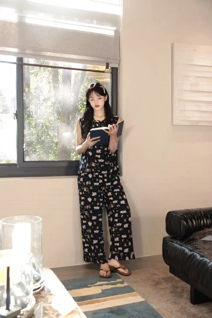 2516-1 斑点狗黑  女士背心长裤宽松印花舒适韩版绵绸睡衣套装