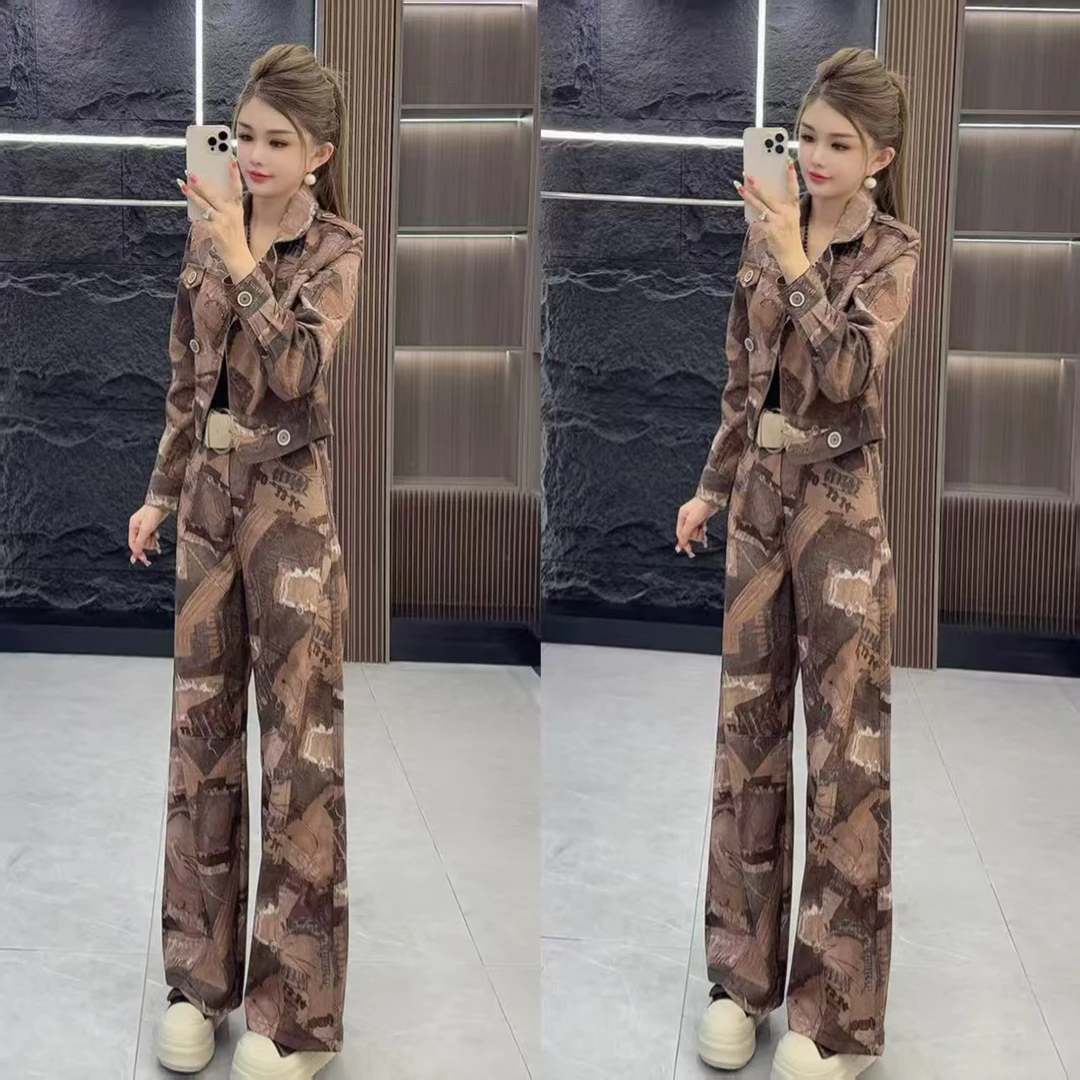 秋季4136 洋气复古做旧色长袖上衣外套 加 长裤 两件套