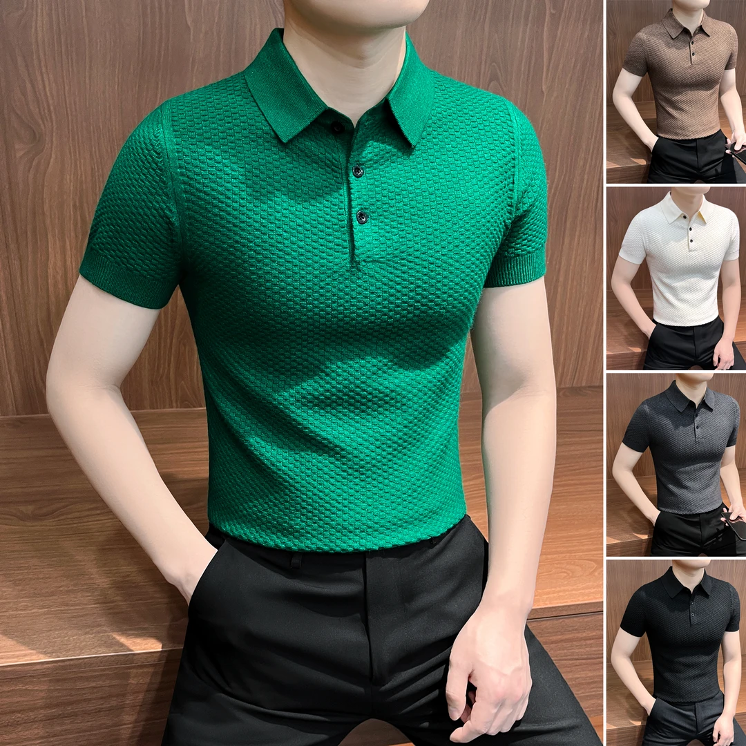 格子针织polo衫男款爆款2025新款上档次男士上衣商务休闲短袖t恤
