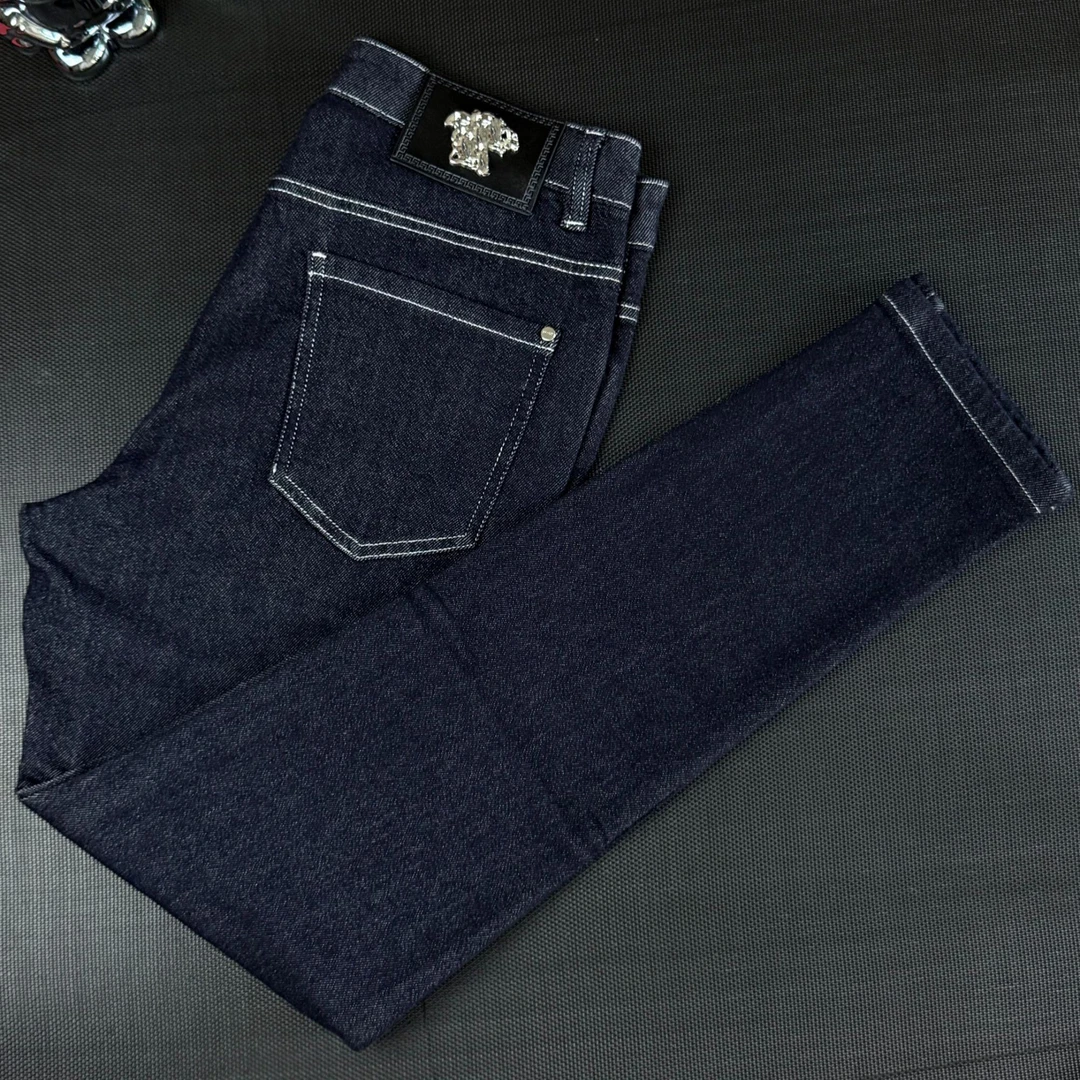 高级感经典蓝色牛仔裤子男百搭韩版冬季薄绒款弹力修身小脚裤潮牌