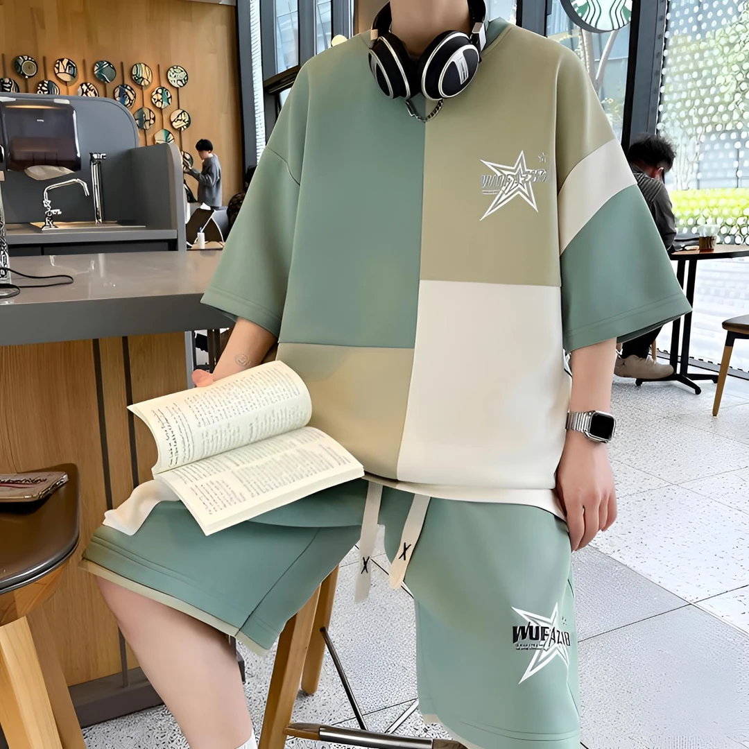 男士短袖t恤套装2025夏季新款港风潮流时尚休闲百搭青少年两件套