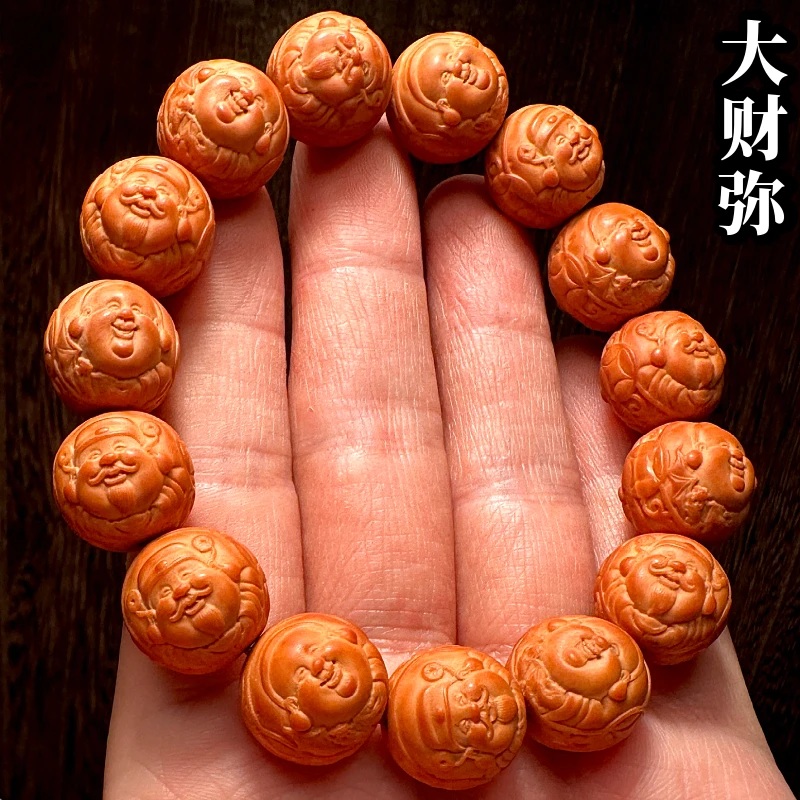 大尺寸财弥文玩猴头手串高端正圆光珠雕刻财神爷弥勒佛男款橄榄核