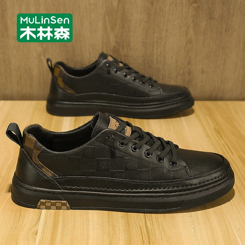 木林森男鞋2025新款秋季休闲皮鞋黑色低帮运动百搭软底男士板鞋