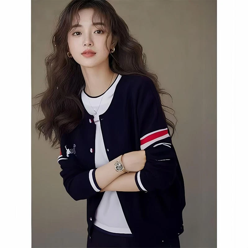 设计感时尚拼色毛衣外套女2025年春秋季新款百搭休闲刺绣针织开衫