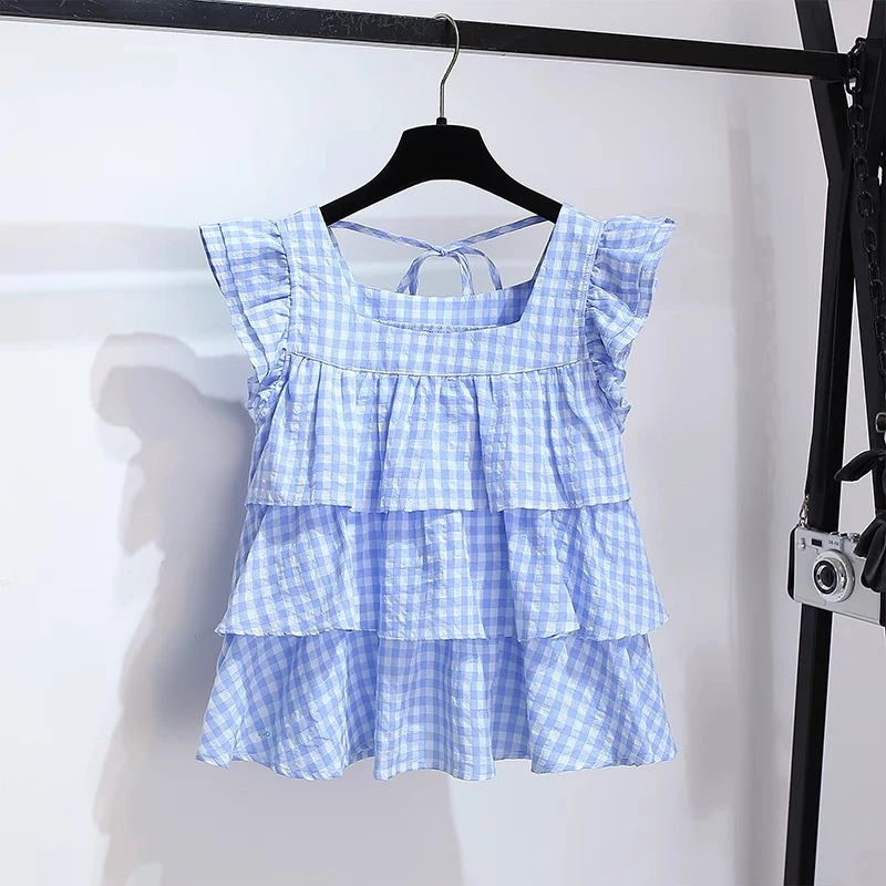 法式绝美蓝色格子小飞袖衬衫女夏2025新款荷叶边上衣无袖娃娃小衫