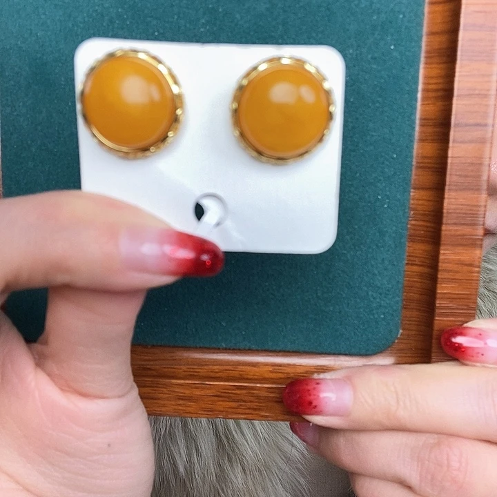 蜜蜡耳饰银S925镶嵌耳钉