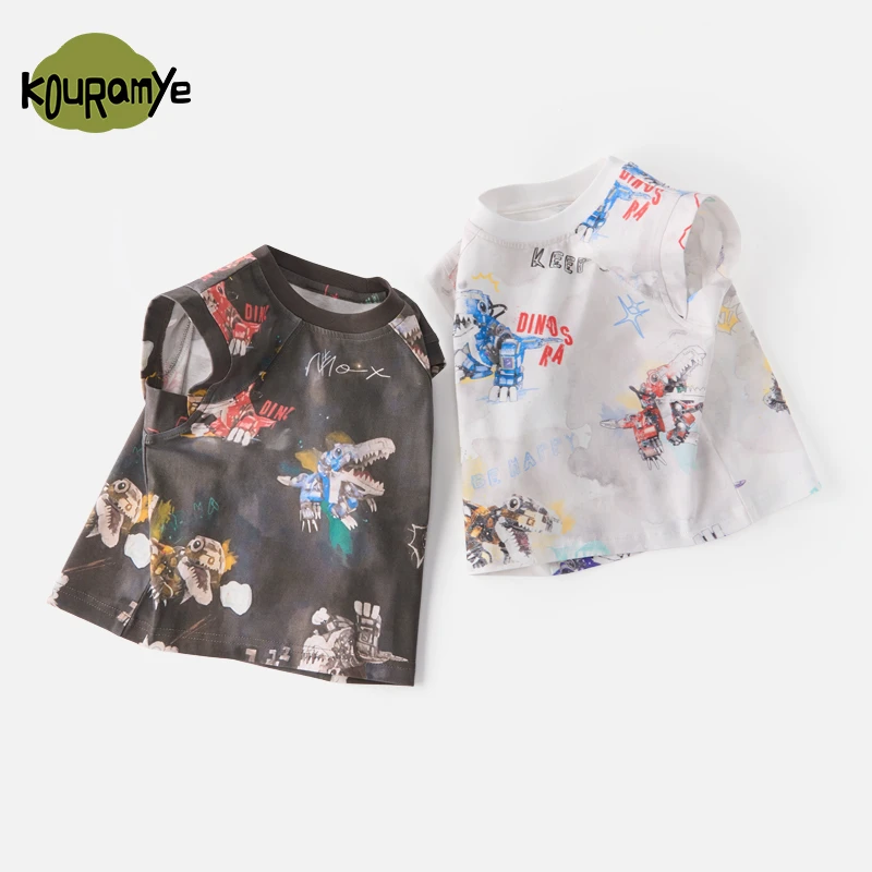 酷娃米2025年夏季新款中小男童机器恐龙印花无袖T恤20824
