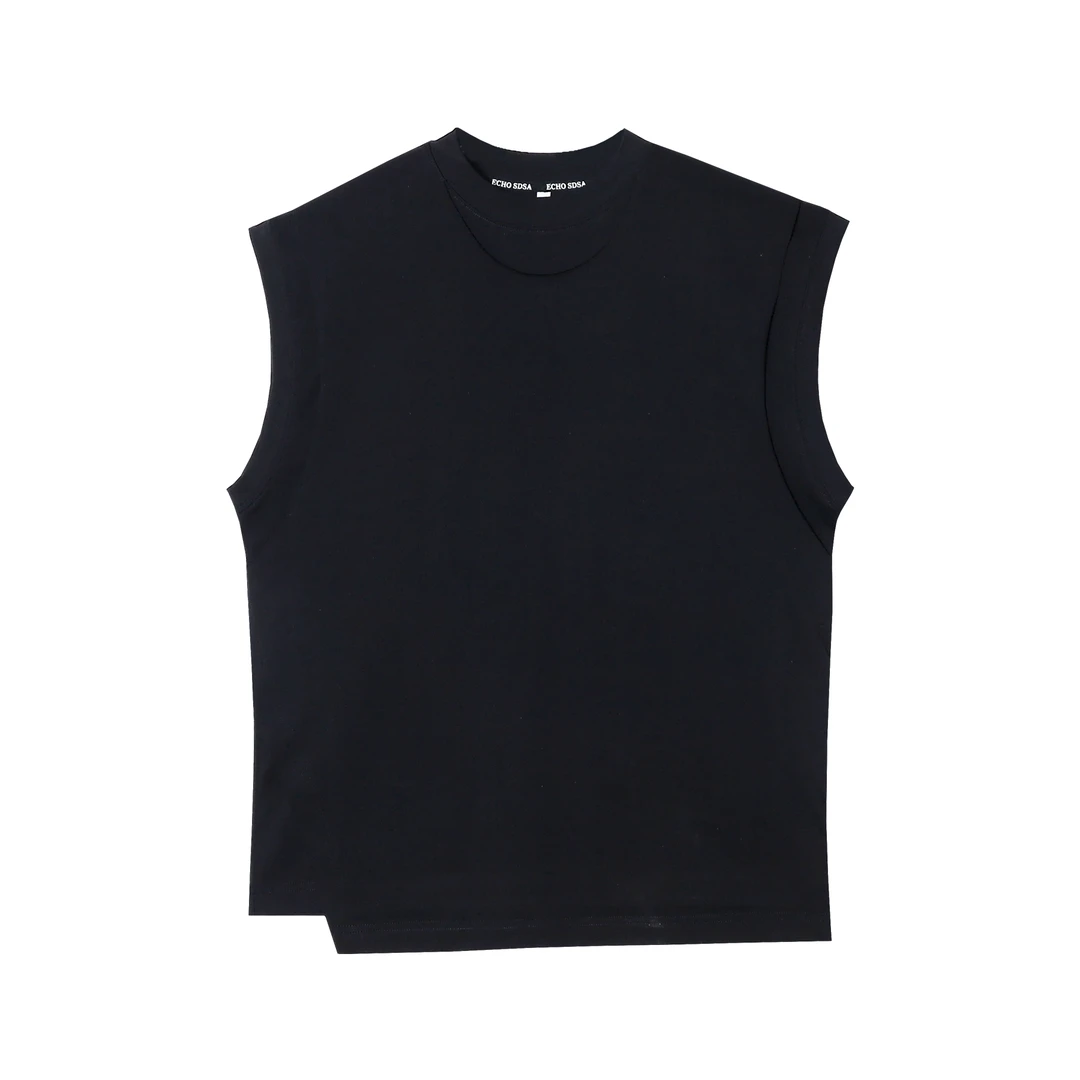 T1219夏季新款拼接休闲男士背心潮流复古宽松上衣圆领简约无袖