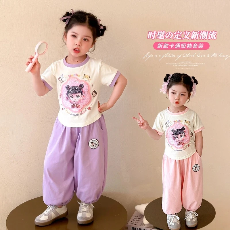 亮片女童哪吒套装儿童短袖休闲裤子两件套小女孩宝宝夏装2025新款