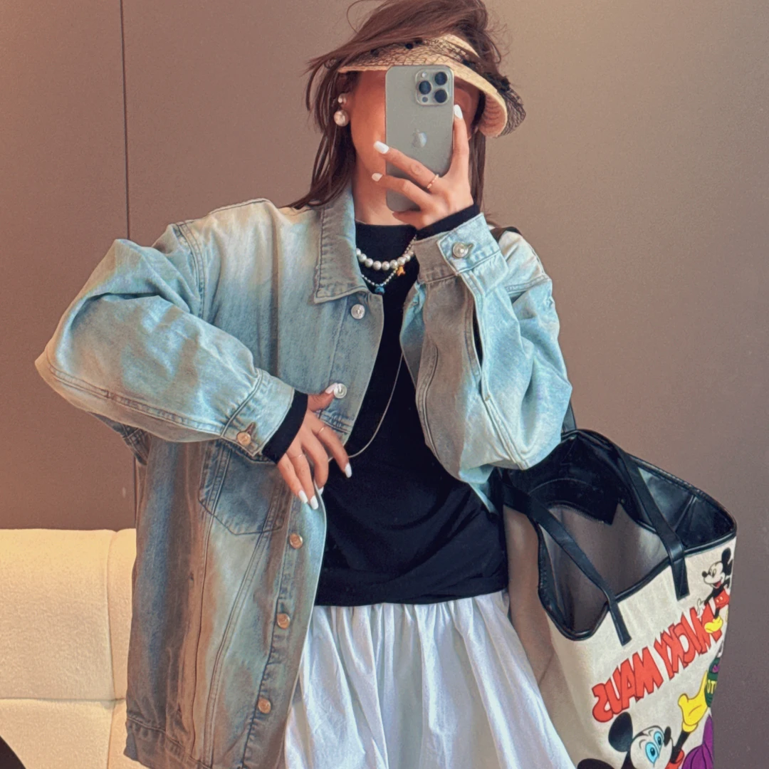 韩版春夏新款大版重工洗水薄款牛仔外套