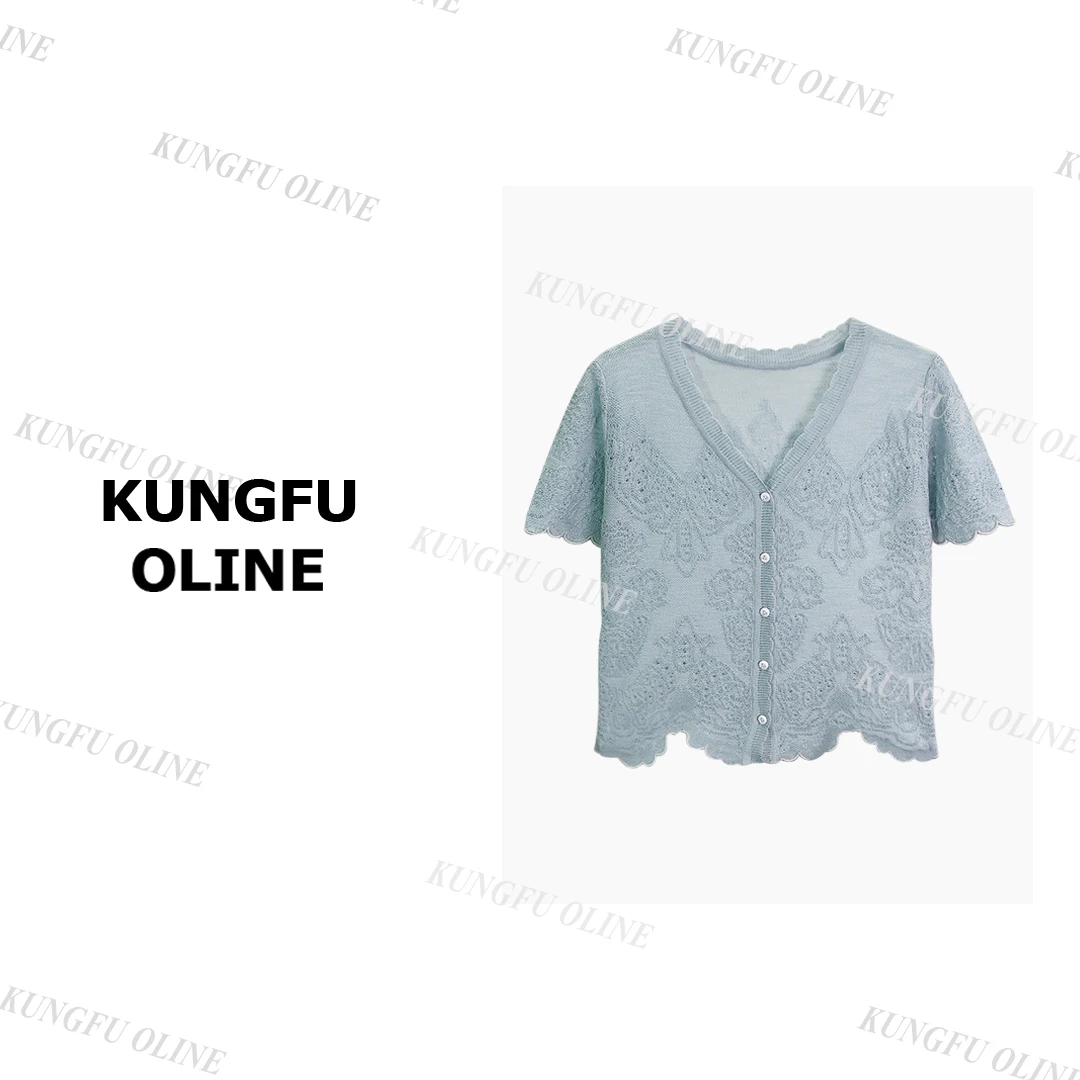 【小妖】现现KS9839开衫单排扣新款休闲针织衫女短袖V领设计上衣