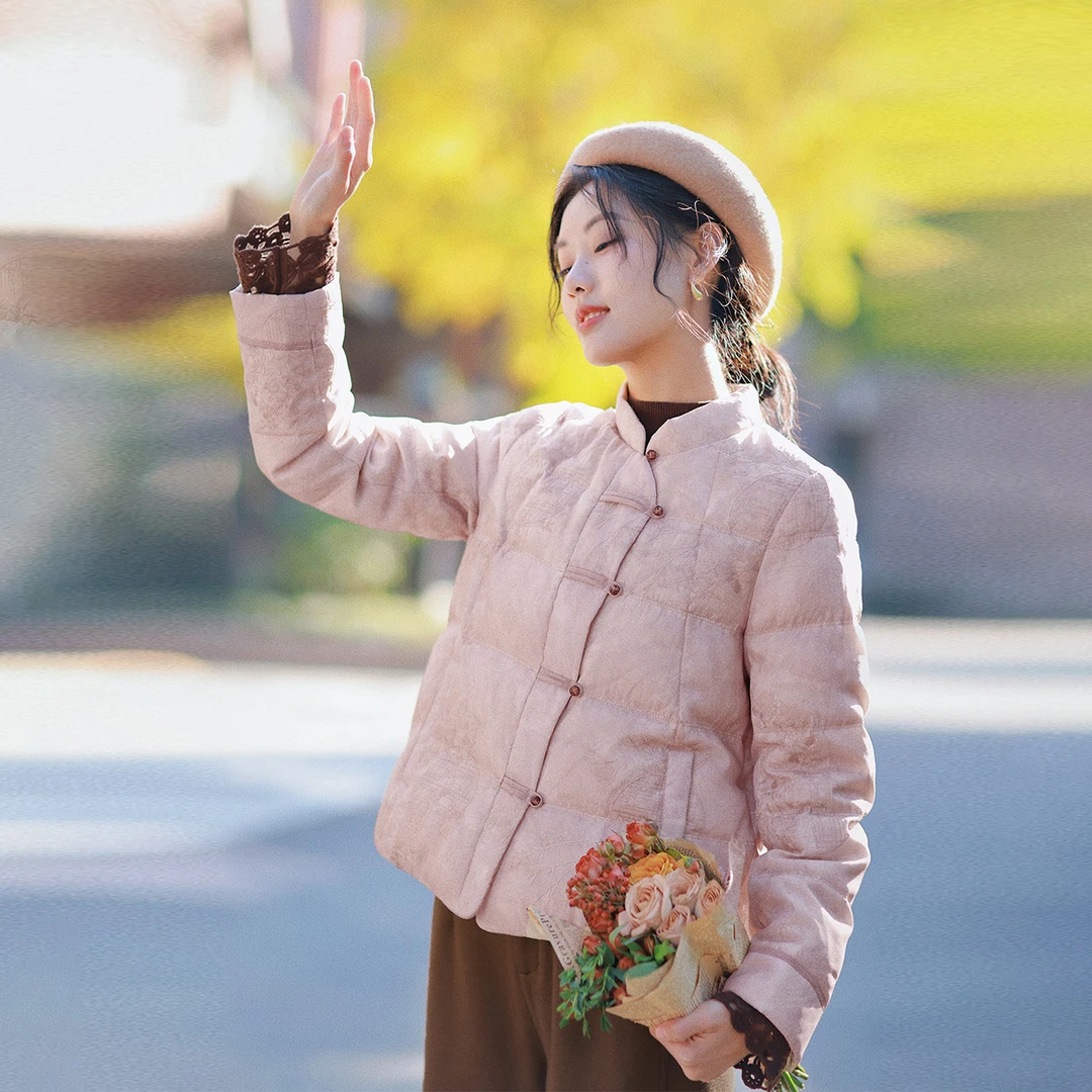 红念粉色中式羽绒服女短款小个子设计感2025冬季新款鸭绒外套上衣