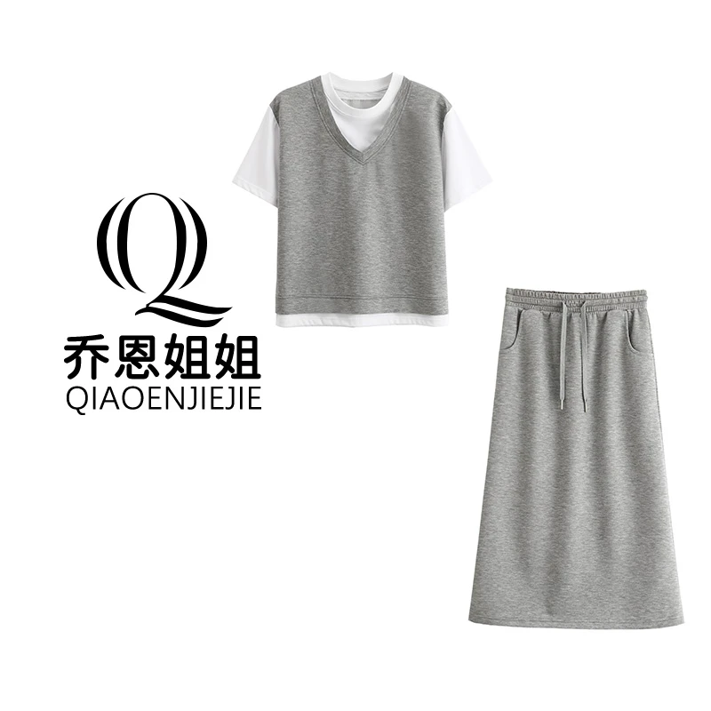 夏季轻薄叠穿假两件撞色短袖T恤半身裙女士套装JY337A/XWJ