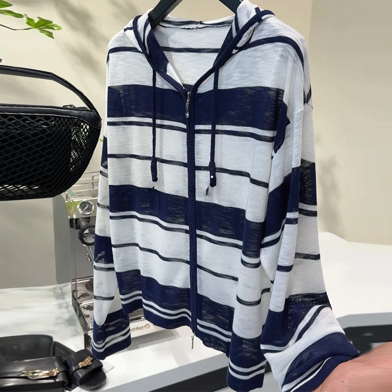 2025年夏季韩版慵懒风宽松显瘦条纹针织防晒衣外套女开衫连帽上衣