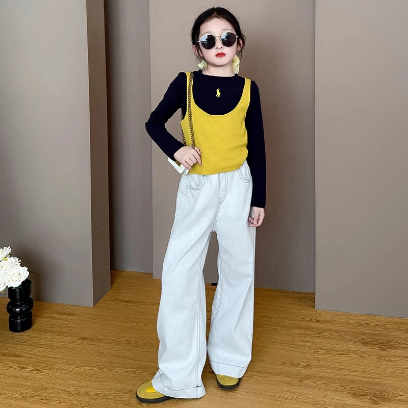 女童2025宽松休闲牛仔阔腿裤套装洋气时髦童装网红炸街上衣两件套