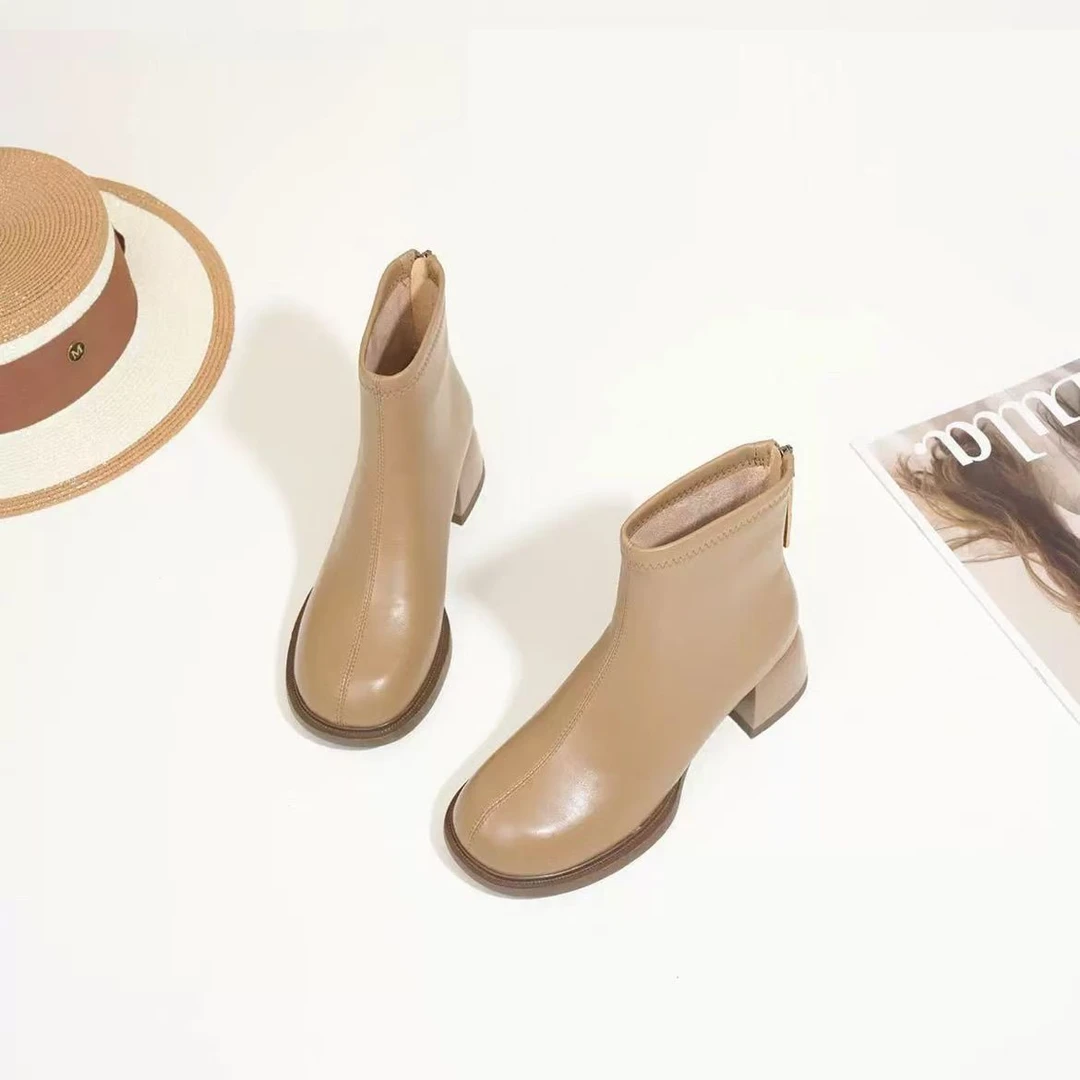 2023新款软皮粗跟瘦瘦靴短靴秋冬女靴厚底小个子马丁靴女英伦风