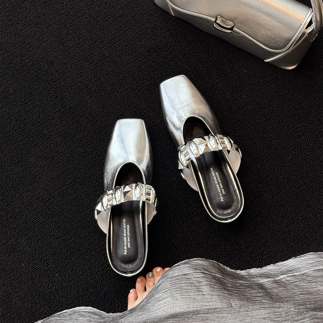 OOZHOU 4cm时尚金属扣件单鞋女内增高方头浅口一字带百搭穆勒拖