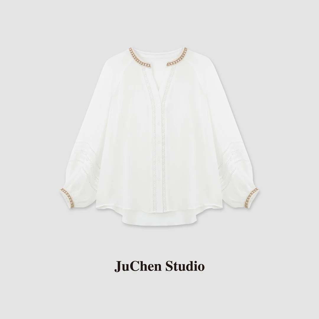 “尼斯假日"苎麻天丝重工刺绣编织饰边夏日灯笼袖麻衬衫 SS023722