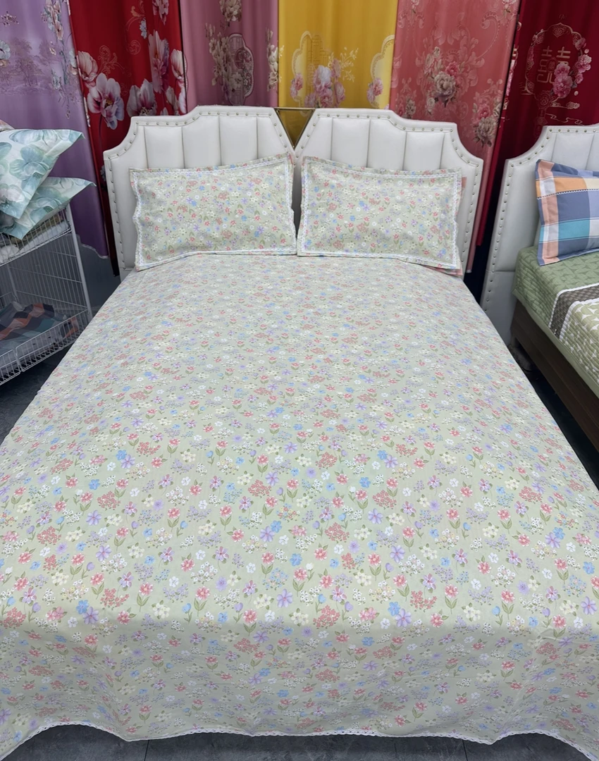 （春野-绿）老粗布双人床单花边款 尺寸2.45✖️2.35±5厘米送枕套一对