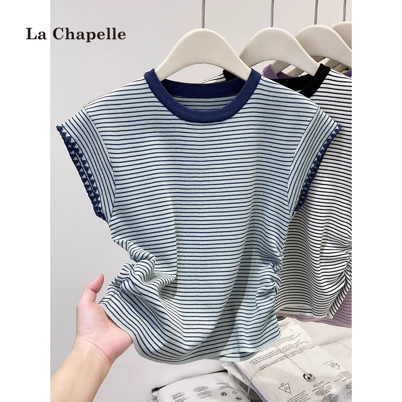 拉夏贝尔条纹圆领小飞袖t恤女夏季2025新款韩系修身正肩短款上衣