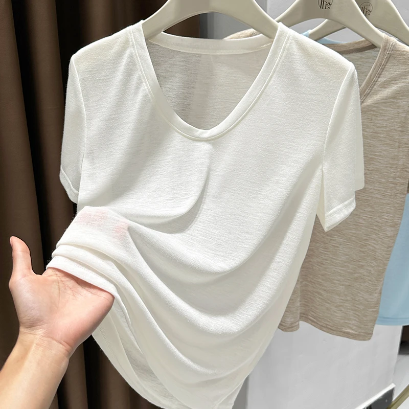 白色新款修身软糯V领短袖上衣女2025夏季外搭薄款透气防晒T恤罩衫