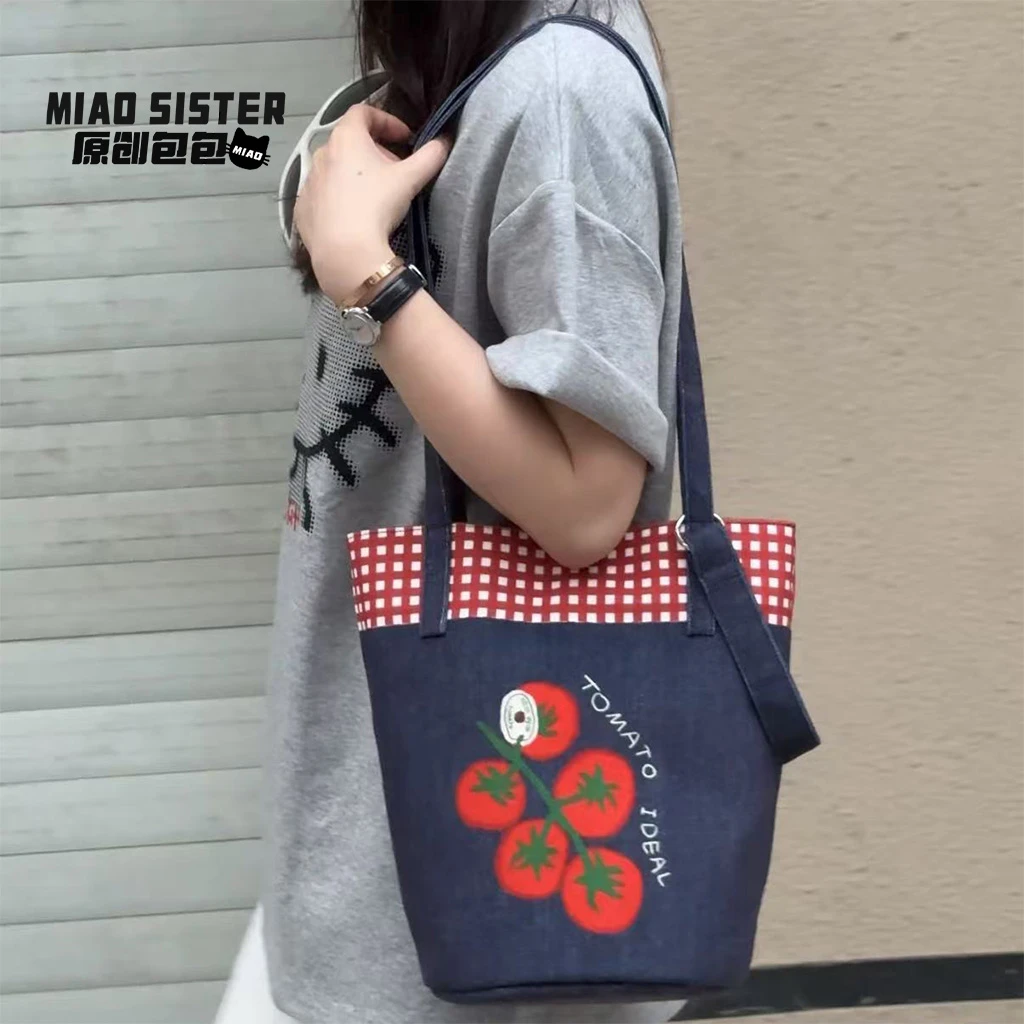 MIAO牛仔番茄斜挎单肩水桶托特包春夏礼物格纹女帆布包百搭