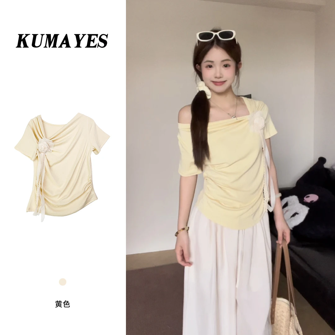 KUMAYES温柔风立体花朵褶皱短袖T恤女装夏季不规则显瘦收腰上衣