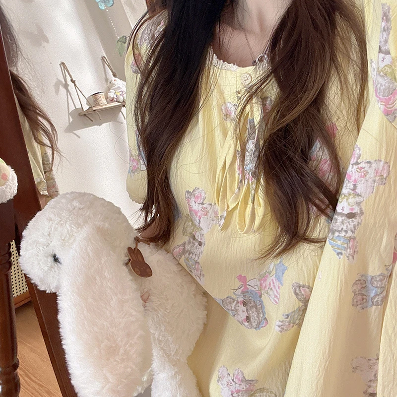 奶黄毛绒兔夏季女泡泡棉睡裙日系甜美可爱短袖套头中长款家居睡衣