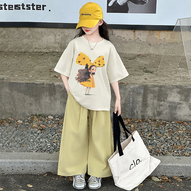 女童夏季短袖套装2025新款洋气女大童夏装休闲T恤儿童薄款阔腿裤