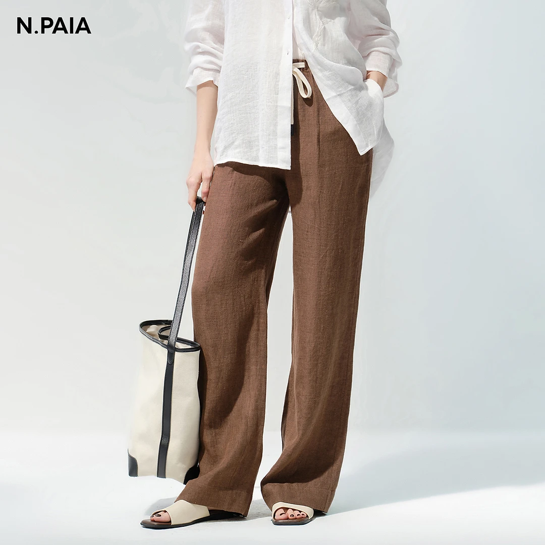 恩派雅2025新款100亚麻抽绳系带空气裤休闲直筒裤女XNKPH6405A