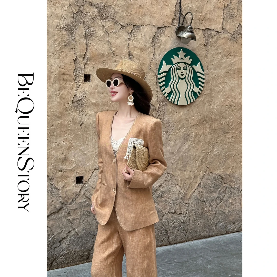 余潇潇【中东老钱】2025新款波西米亚亚麻V领外套&休闲裤