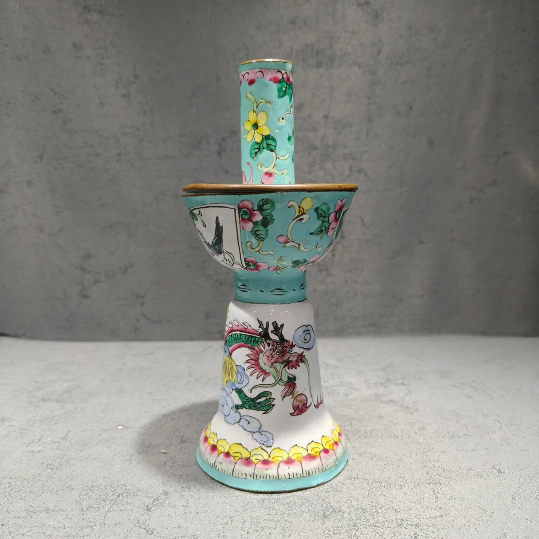 民国景泰蓝粉彩龙纹花鸟烛台