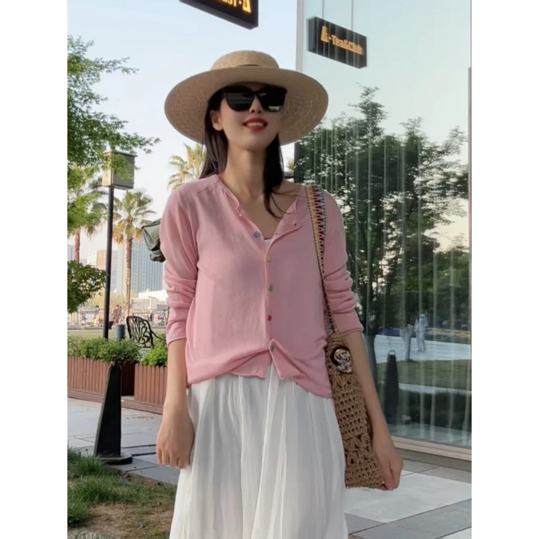 七彩扣亚麻针织开衫女上衣2025早秋新款轻薄透气纯色外套防晒衫女