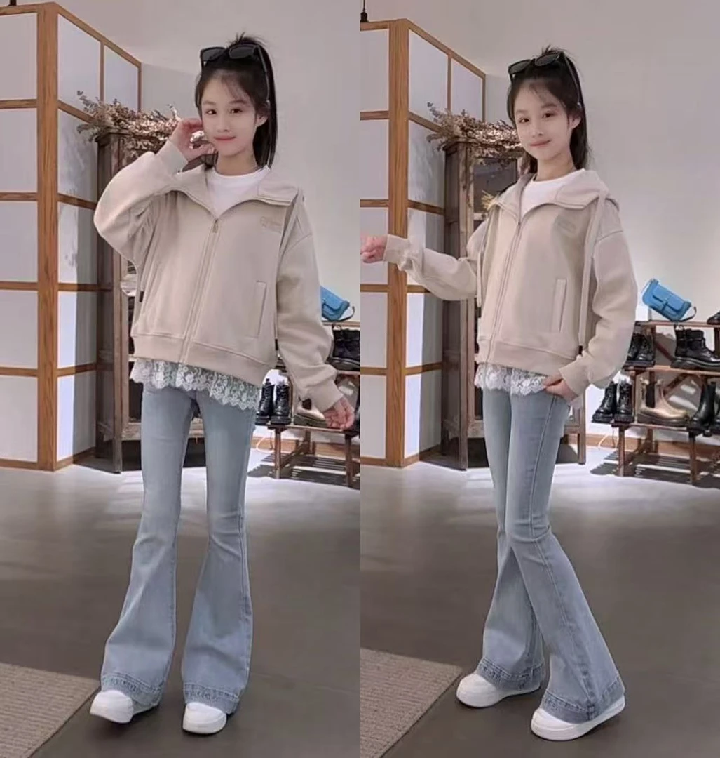 女童韩版休闲连帽卫衣外套喇叭裤打底衫中大童女孩儿童春装上衣潮