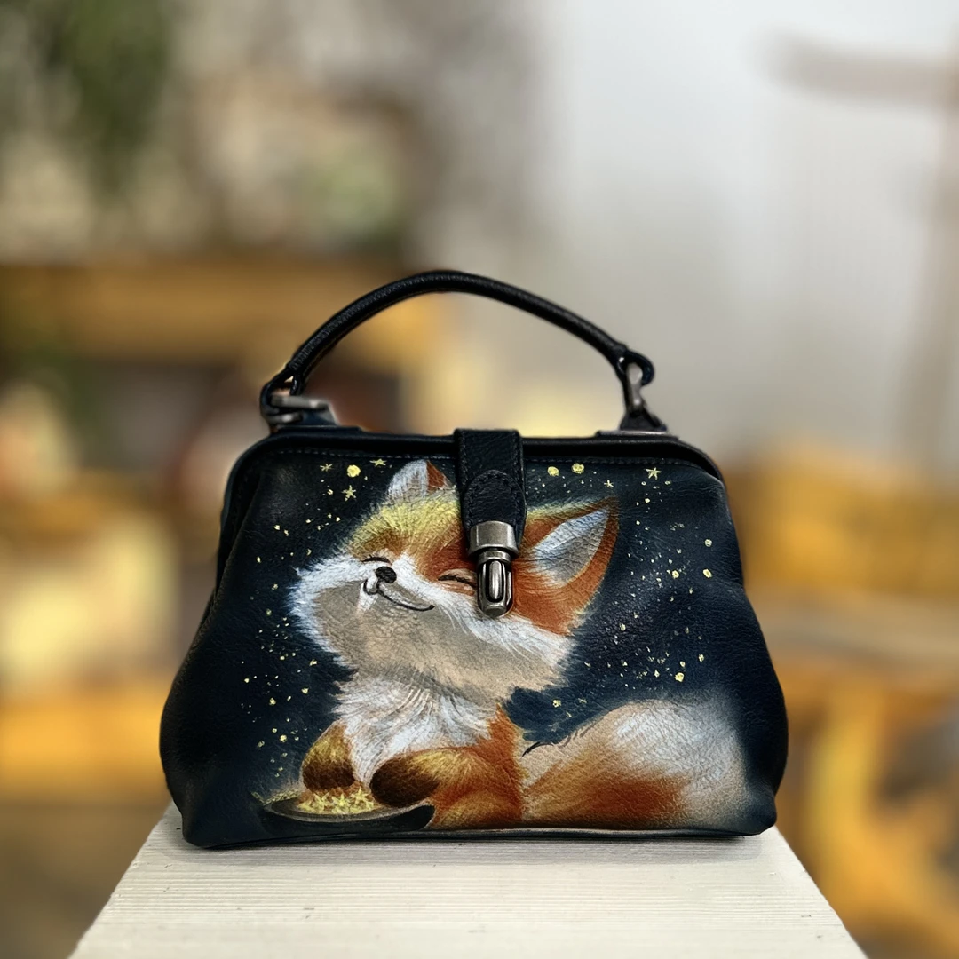 原创手绘真皮女包休闲斜挎包单肩包女士包包慵懒风通勤女包软皮包