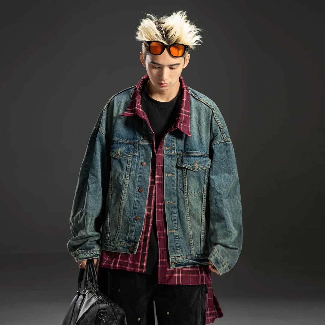 【不规则假两件】美式复古格子拼接设计感牛仔外套做旧水洗夹克8038