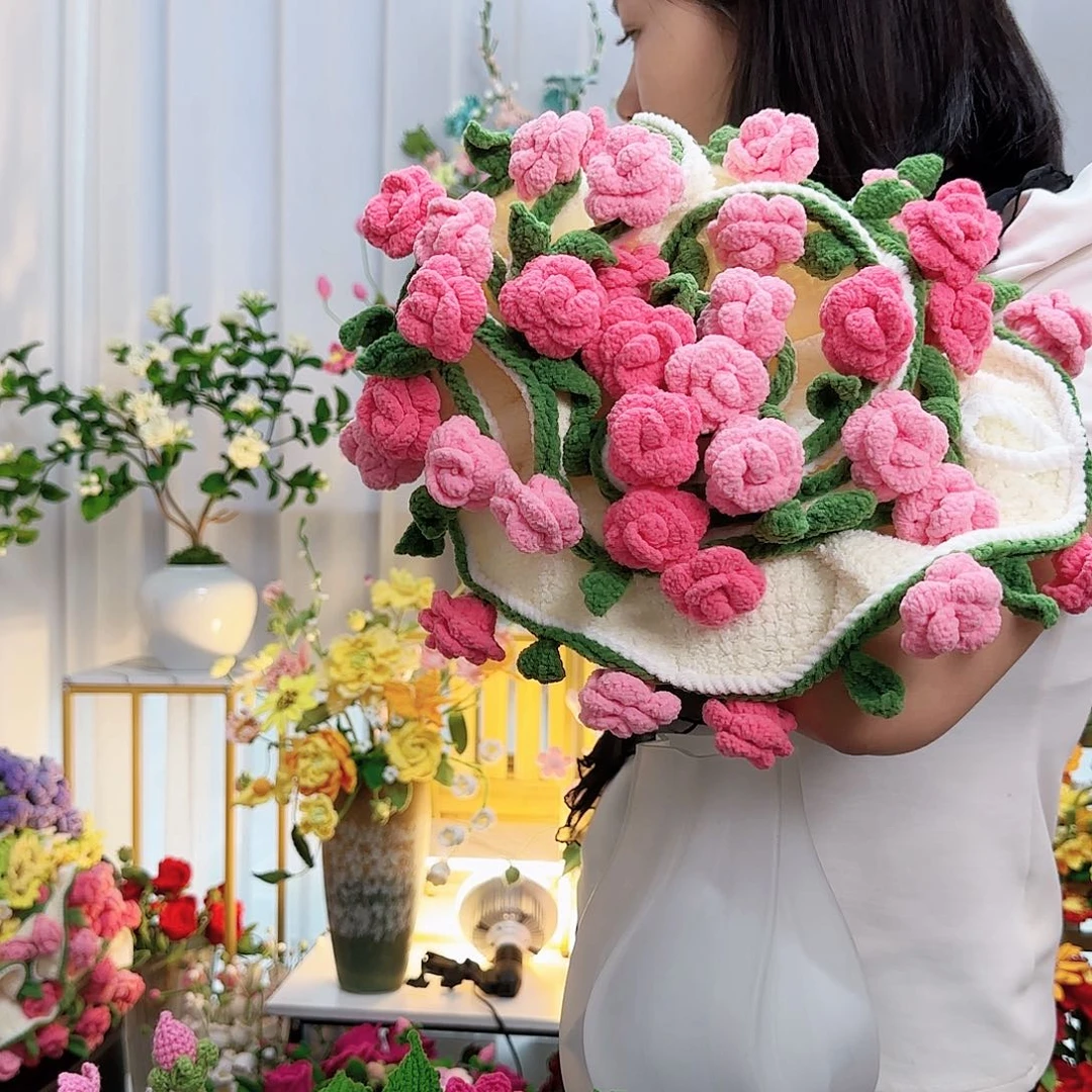 莱赛尔纤维棉手工钩织玫瑰花毯